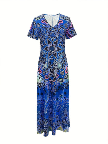 Ethnic Floral Print Dress, Boho V Neck Short Sleeve Maxi Dress, Women's Clothing