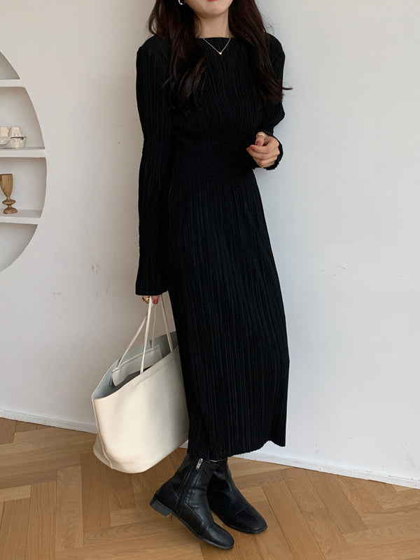 vmtvr - Simple Long Sleeves Black Split-Joint Elasticity Waist Pleated Midi Dress