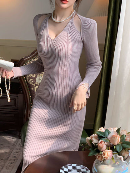 vmtvr - High Waisted Long Sleeves Hollow Solid Color Split-Side V-Neck Midi Dresses Sweater Dresses