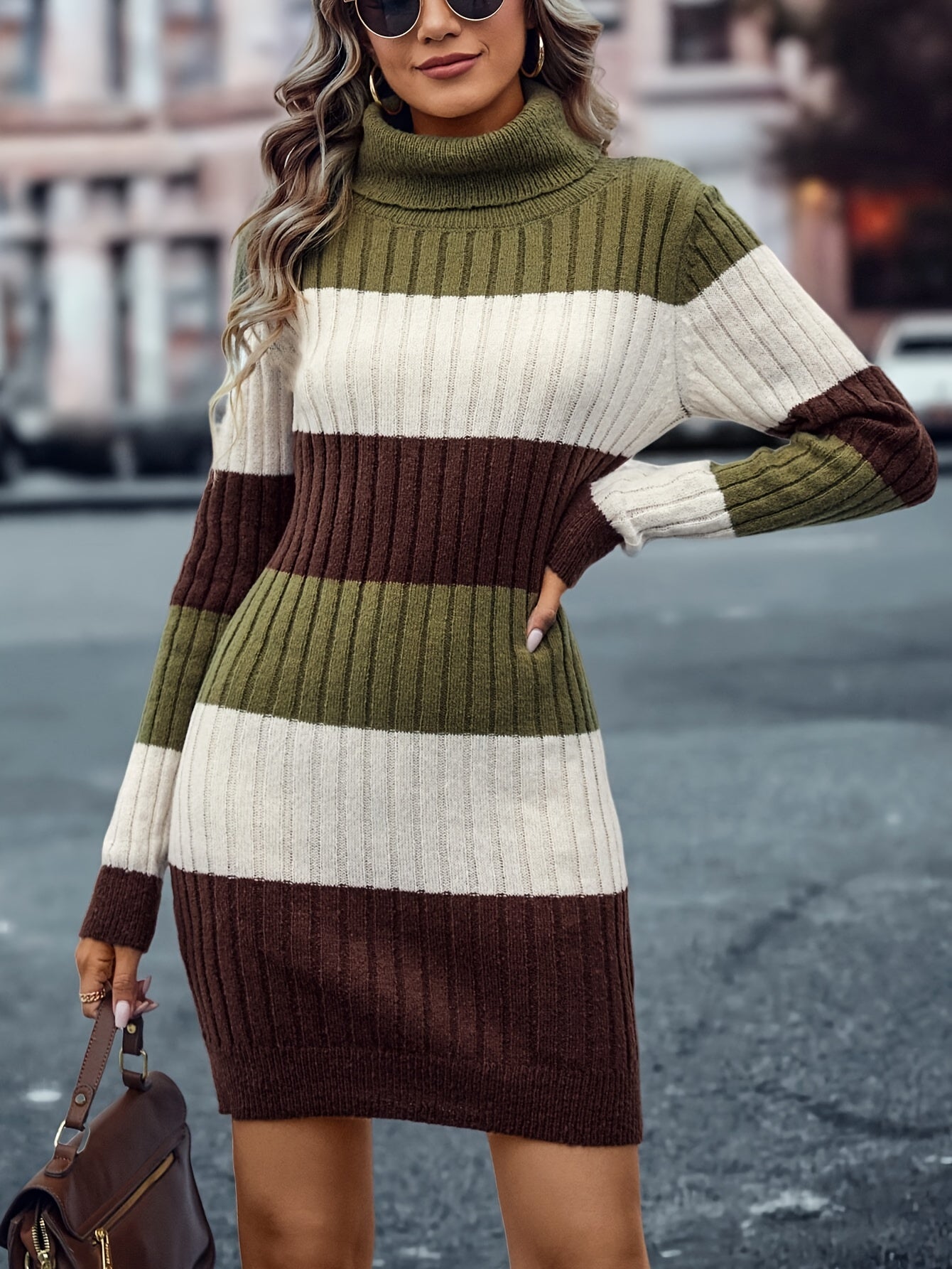 Striped Turtle Neck Knitted Dress, Elegant Long Sleeve Slim Fit Dress For Fall & Winter, Women's Clothing