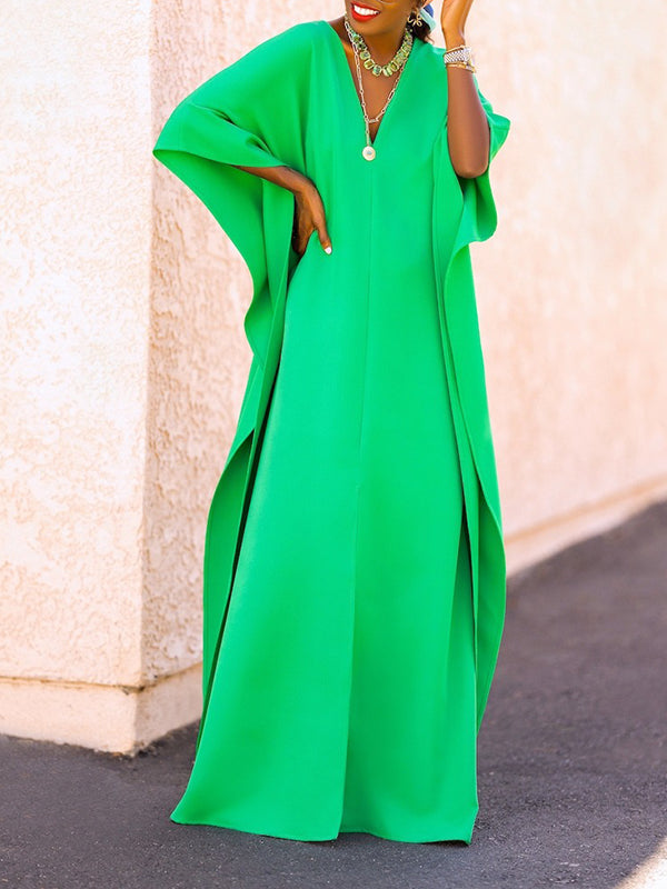 vmtvr - Batwing Sleeves Loose Solid Color Split-Side V-Neck Maxi Dresses