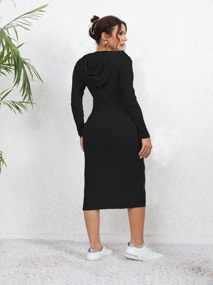 Chic Ribbed Knit Hoodie Dress for Spring/Fall: Long Sleeve, Easy Care, Durable - Perfect Casual Comfort