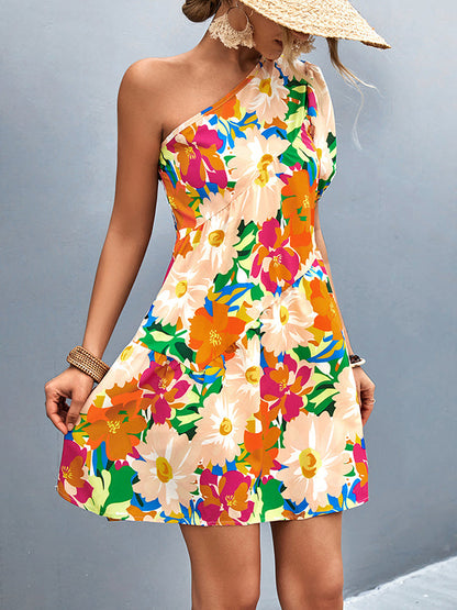 vmtvr - A-Line Bishop Sleeve Flower Print Split-Joint One-Shoulder Mini Dresses