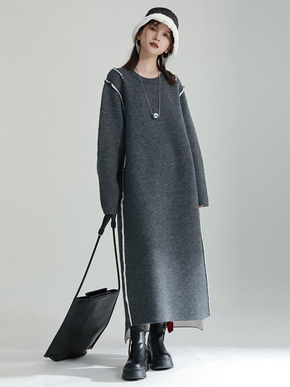 vmtvr - Casual Long Sleeves Loose Solid Color Round-Neck Sweater Dresses