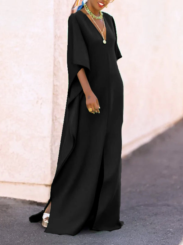 vmtvr - Batwing Sleeves Loose Solid Color Split-Side V-Neck Maxi Dresses