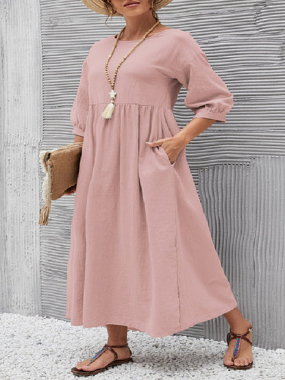 vmtvr - 11 Colors Simple Round-Neck Solid Color Midi Dress