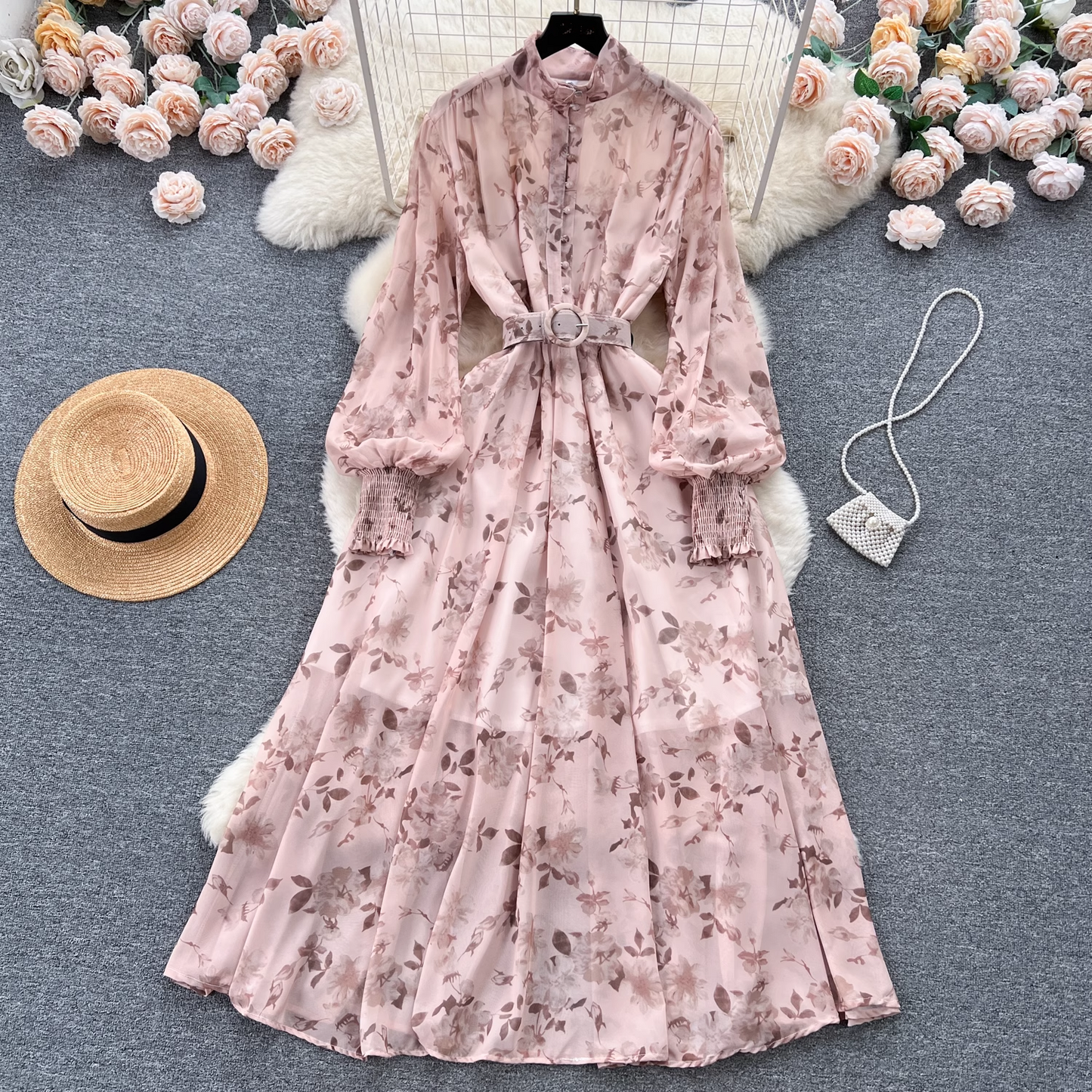 - Floral dress with chiffon puffed sleeves GEU623