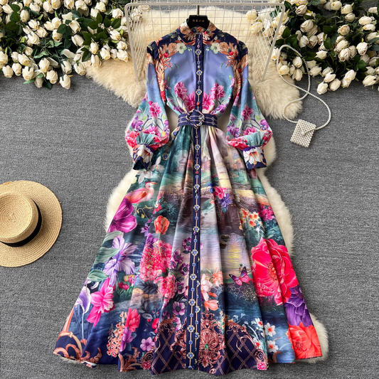 - Retro French mid-length lantern long-sleeve printed dress GEU1095