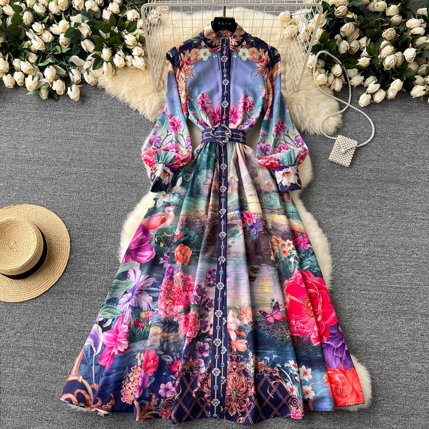 - Retro French mid-length lantern long-sleeve printed dress GEU1095