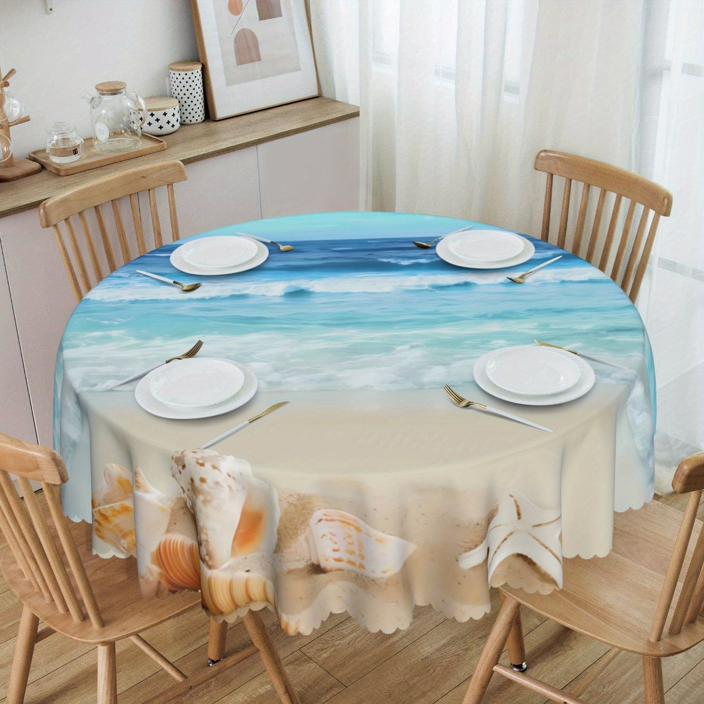 1pc Coastal Summer Round Tablecloth - Waterproof Stain Wrinkle Free Circle Table Cover for Indoor Outdoor Home Kit - Beach Starfish Coral Seashell Design, Easy Care, Durable, and Versatile Table Linen for Kitchen & Dining