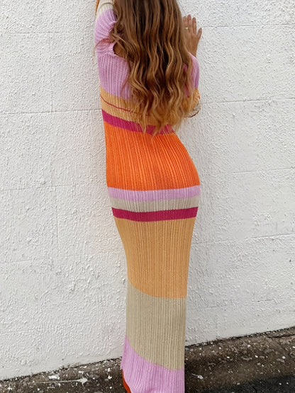 Color Block Bodycon Knit Dress, Elegant Long Sleeve Slinky Maxi Dress For Spring & Fall, Women's Clothing