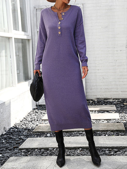 vmtvr - Long Sleeves Loose Buttoned Split-Joint Round-Neck Midi Dresses Sweater Dresses