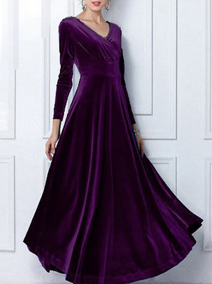 vmtvr - Elegant Solid Long Sleeved V-neck Velvet Maxi Dresses