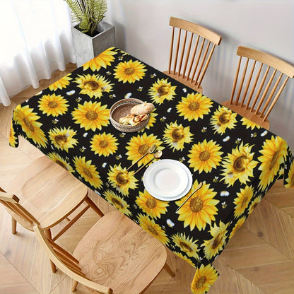 1pc Vibrant Summer Sunflower Tablecloth - Durable Polyester, Stain and Wrinkle Free, Perfect for Party, Home, Kitchen, Dining, and Picnic Decorations - Vibrant Yellow and Black, Sunflower and Bumble Bee Design, Easy-to-Clean, Long-Lasting, and Essential H