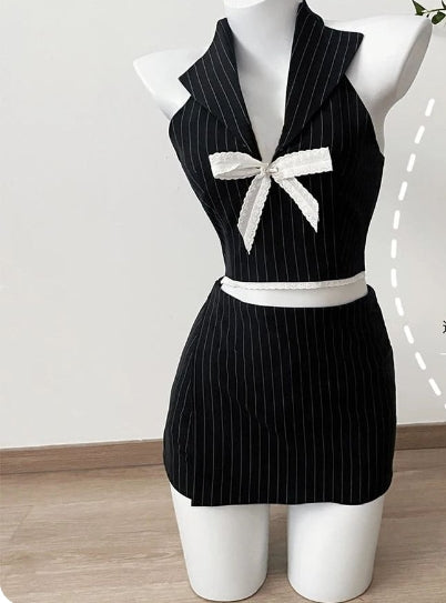 vmtvr dress to impress outfits Bowknot Striped Sleeveless Vest Top for Women Summer and a and Chic Suit Sheath Skirt Hot Girl Two-Piece Suit