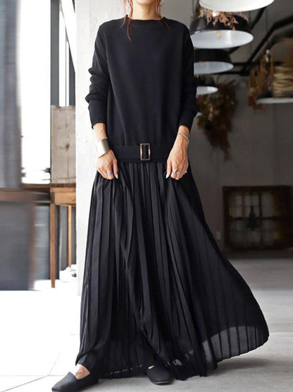 vmtvr - Belt Solid Pullover Knit Panel Pleated Dress