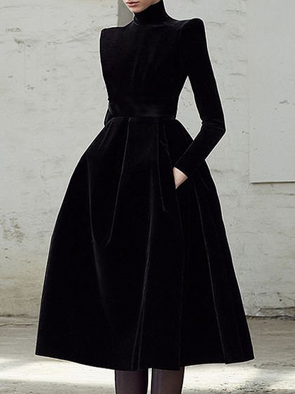 Plain Elegant Stand Collar Long sleeve  Midi Party Dress