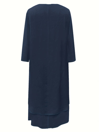 Chic Plus Size Maxi Dress - Casual V-Neck Tunic with Button Details, Long Sleeves, Asymmetry, and Easy-Care Stretch Fabric