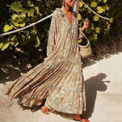 vmtvr - Floral Bohemian V Neck Long Sleeve Maxi Dress