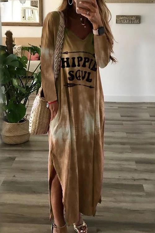 Letter Side Slit Long Sleeve Maxi Dress