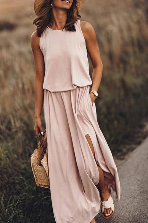 Pockets O Neck Sleeveless Slit Maxi Dress