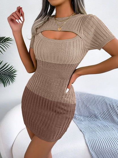 vmtvr - High Waisted Short Sleeves Gradient Hollow Round-Neck Mini Dresses Sweater Dresses