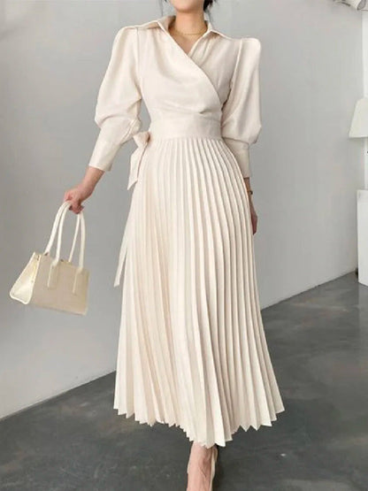 Office Pleated Asymmetric Solid Color Lapel Maxi Dresses