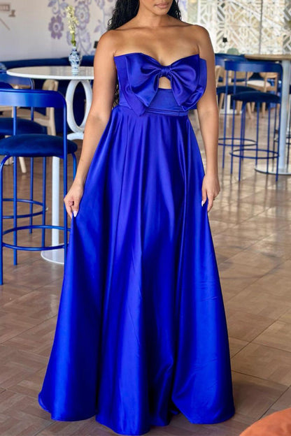 vmtvr - Blue Elegant Formal Plain Hollowed Out With Bow Strapless Evening Dress Dresses