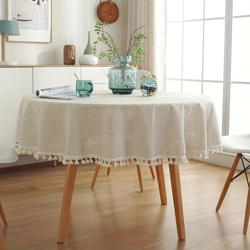 "Timeless Design" Modern Minimalist Beige Bamboo-Hemp Round Tablecloth With Tassels - Polyester, Perfect For Kitchen & Dining