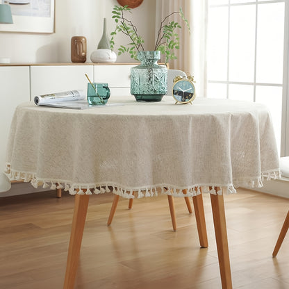 "Timeless Design" Modern Minimalist Beige Bamboo-Hemp Round Tablecloth With Tassels - Polyester, Perfect For Kitchen & Dining