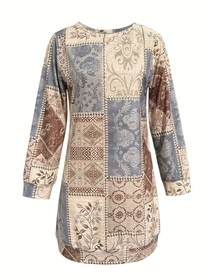 Graphic Patchwork Print Dress, Casual Crew Neck Long Sleeve Knee Length Knitted Dress, Women's Clothing