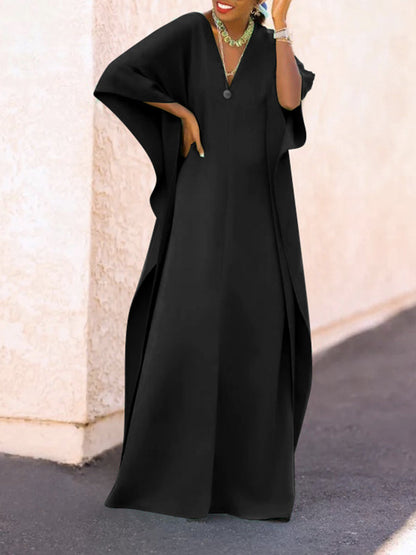 vmtvr - Batwing Sleeves Loose Solid Color Split-Side V-Neck Maxi Dresses