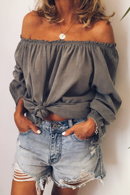 Casual Solid Stringy Selvedge Off the Shoulder Tops