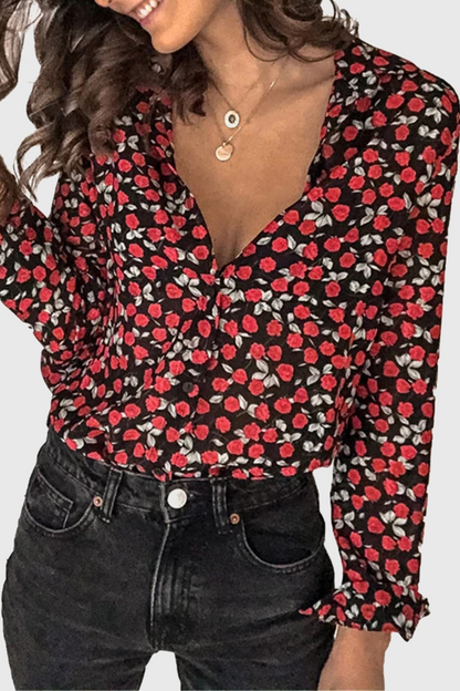 Elegant Floral Buckle Mandarin Collar Tops