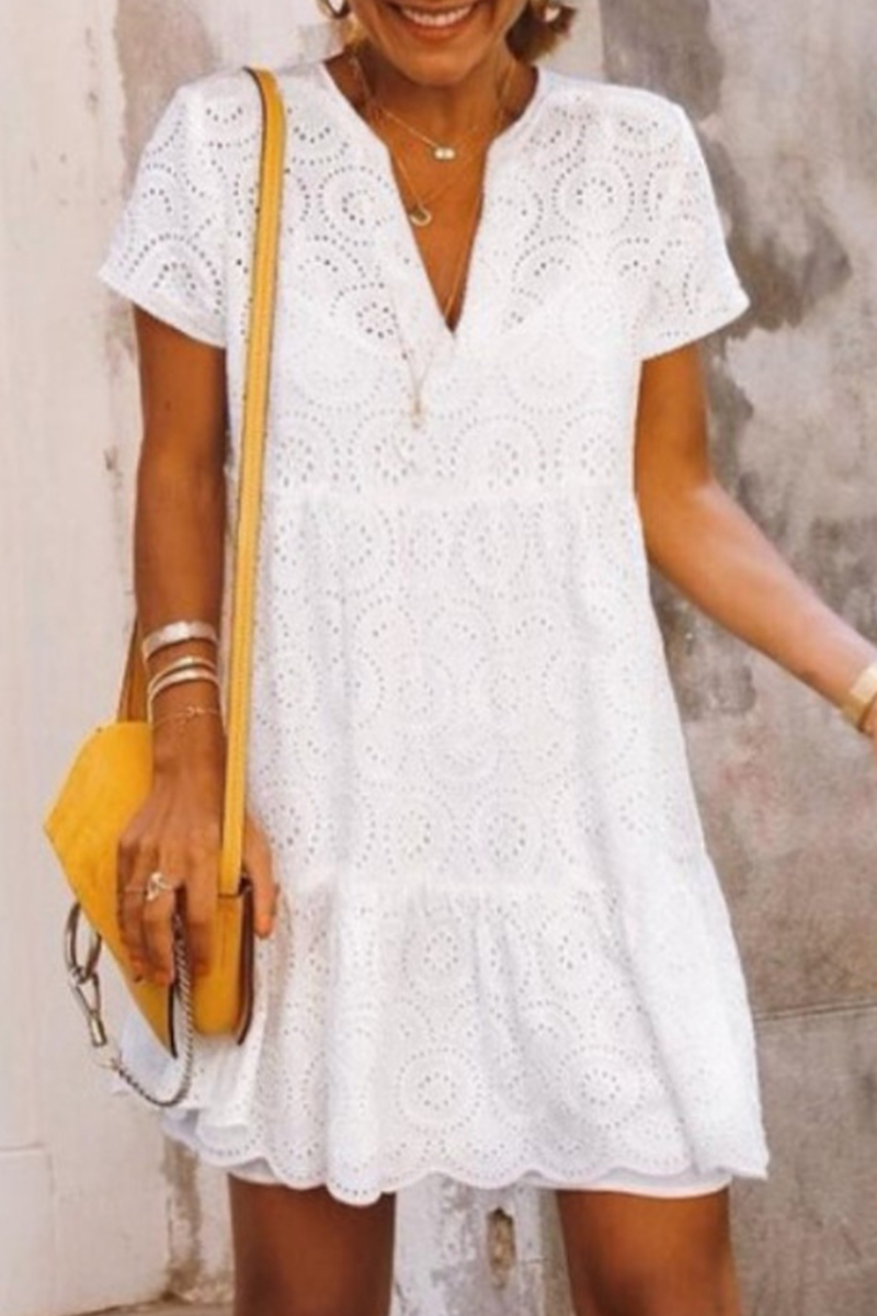 Elegant Solid Lace Hollowed Out V Neck A Line Dresses