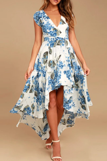 Elegant Floral Frenulum With Belt Irregular Dress Dresses(3 colors)