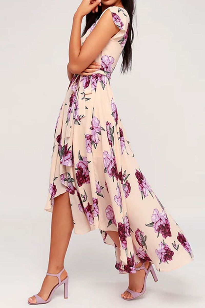 Elegant Floral Frenulum With Belt Irregular Dress Dresses(3 colors)