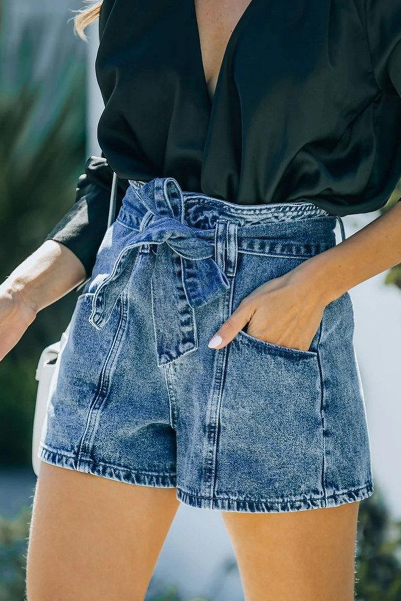 Casual Solid Pocket With Belt High Waist Denim Shorts