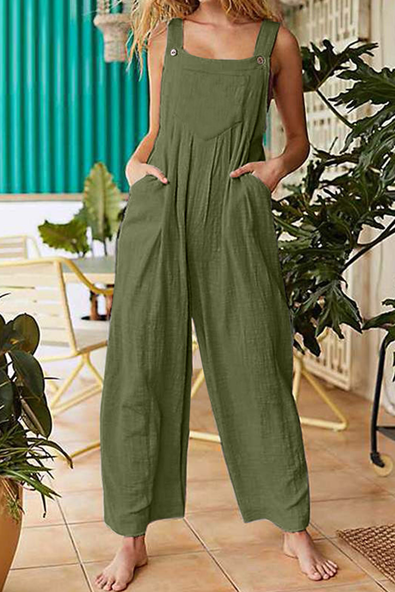 Casual Solid Pocket Buttons Square Collar Jumpsuits(3 Colors)