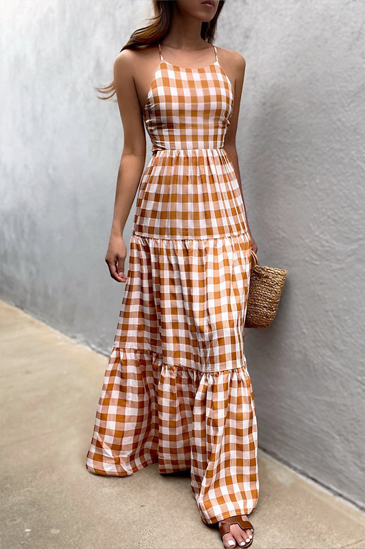 Casual Vacation Plaid Frenulum Backless Halter Dresses