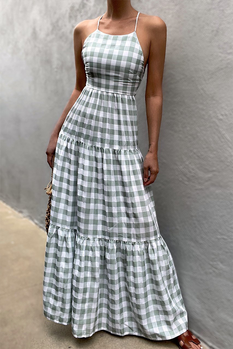 Casual Vacation Plaid Frenulum Backless Halter Dresses