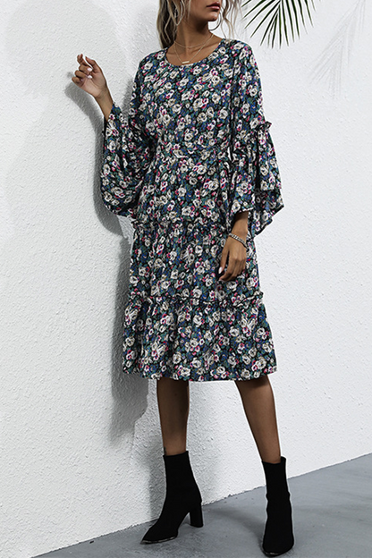 Elegant Floral Split Joint With Belt O Neck A Line Dresses