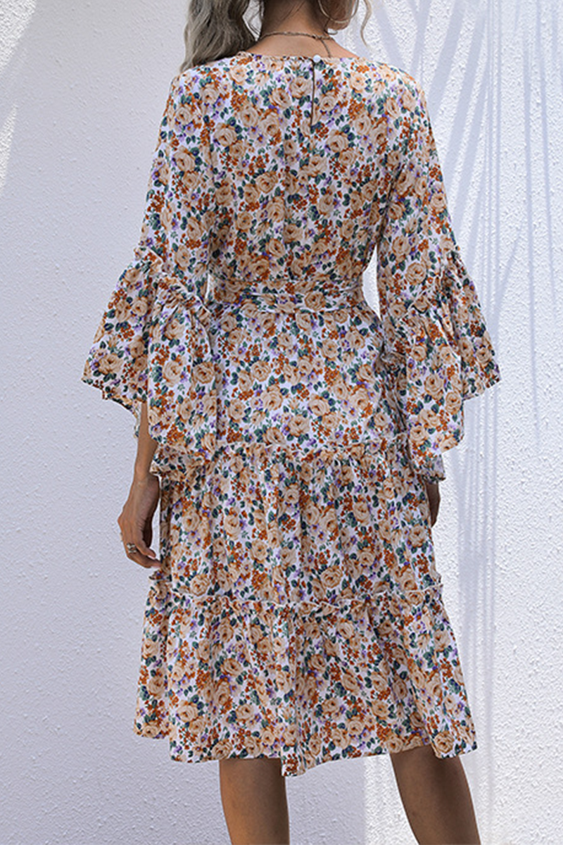 Elegant Floral Split Joint With Belt O Neck A Line Dresses