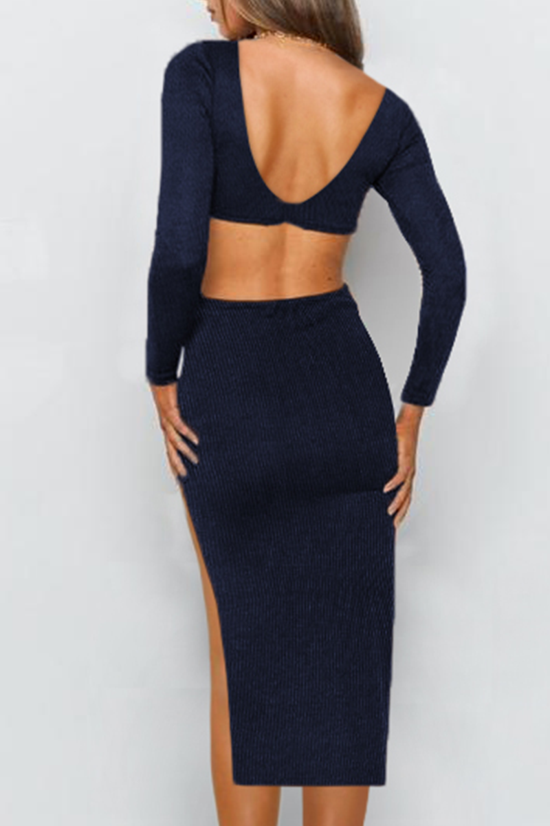 Elegant Solid Hollowed Out Backless Slit V Neck Pencil Skirt Dresses