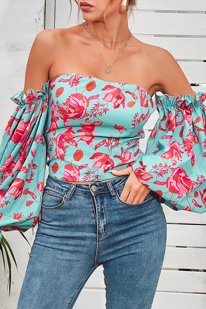 Elegant Floral Patchwork Off the Shoulder Tops