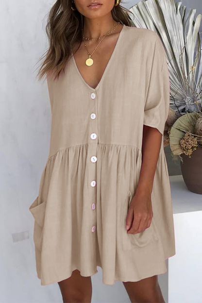 Casual Solid Pocket Buckle V Neck A Line Dresses(4 Colors)