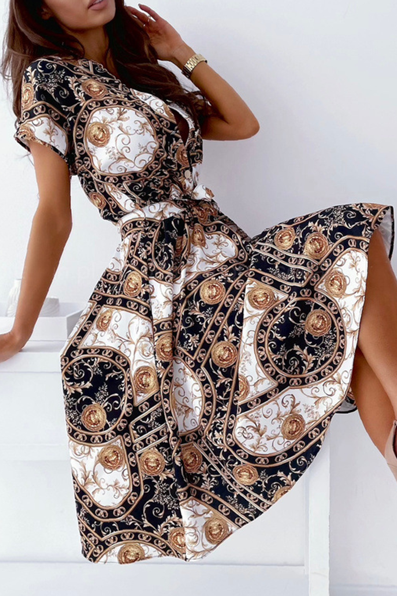 Elegant Print Buckle With Belt V Neck A Line Dresses(5 colors)