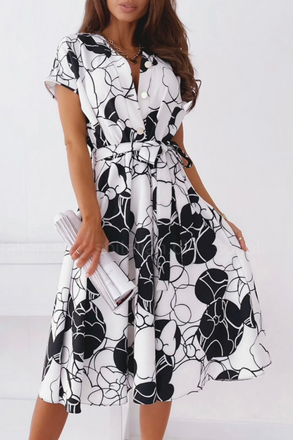 Elegant Print Buckle With Belt V Neck A Line Dresses(5 colors)