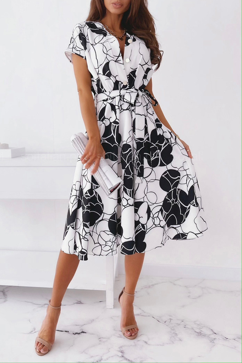 Elegant Print Buckle With Belt V Neck A Line Dresses(5 colors)