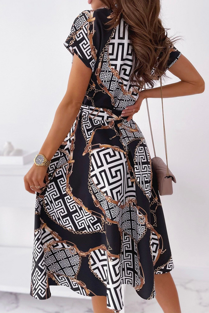 Elegant Print Buckle With Belt V Neck A Line Dresses(5 colors)